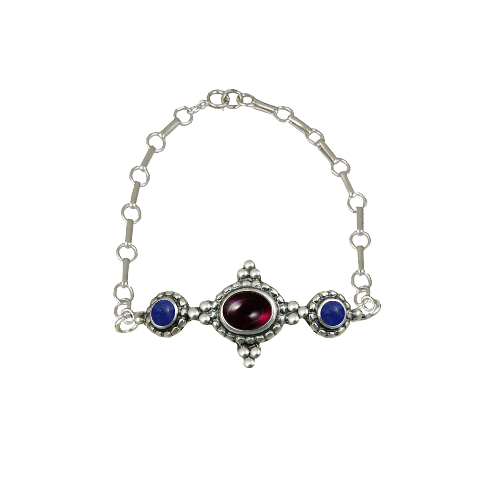 Sterling Silver Gemstone Adjustable Chain Bracelet With Garnet And Lapis Lazuli